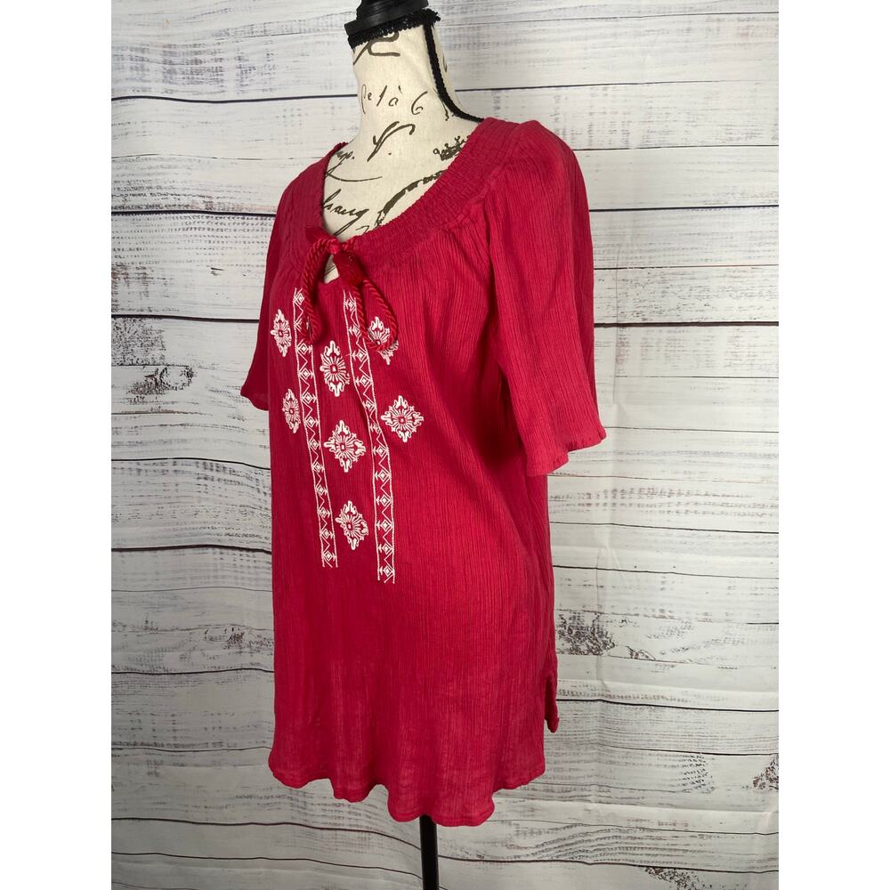 Catherines Top Womens 0X Red Embroidery Crepe Tassel Tie Smocked Neck Cotton - Picture 5 of 10